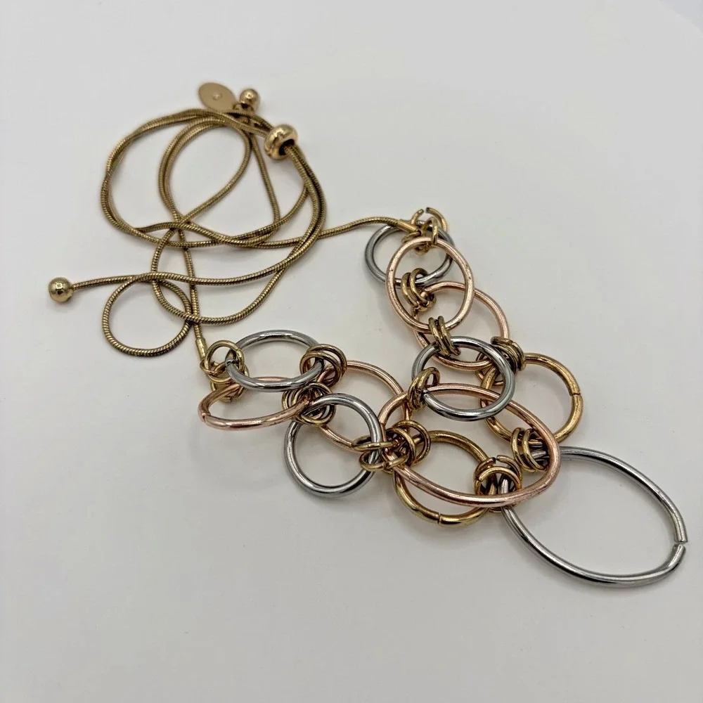 Ann Taylor Factory Tri‎ Tone Mixed Metal Interlocking Ring Slider Necklace